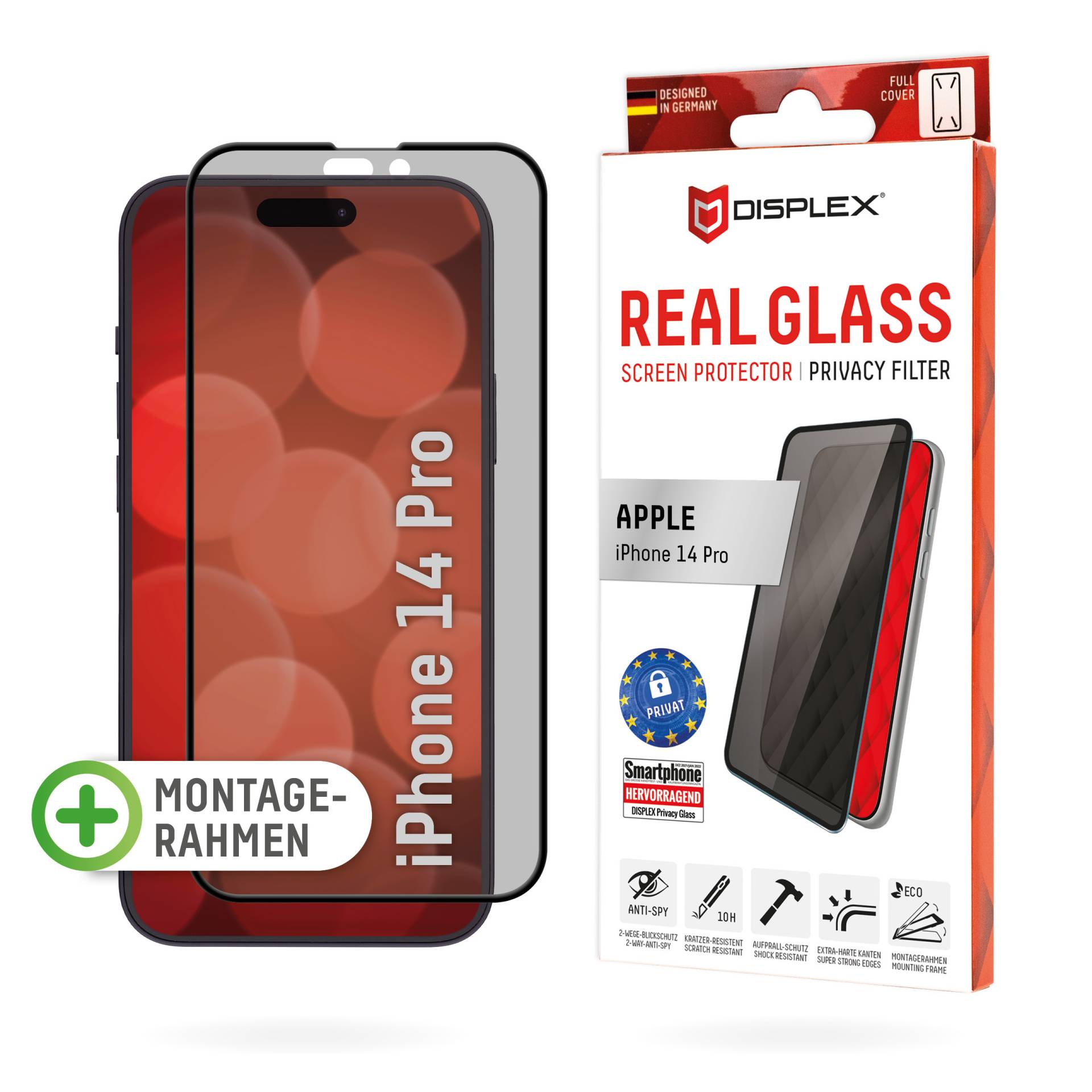 DISPLEX Privacy Full Cover Panzerglas (10H) für iPhone 14 Pro Eco-Montagerahmen, Privacy Filter, Tempered Glas, kratzer-resistente Glasschutzfolie, hü von Displex