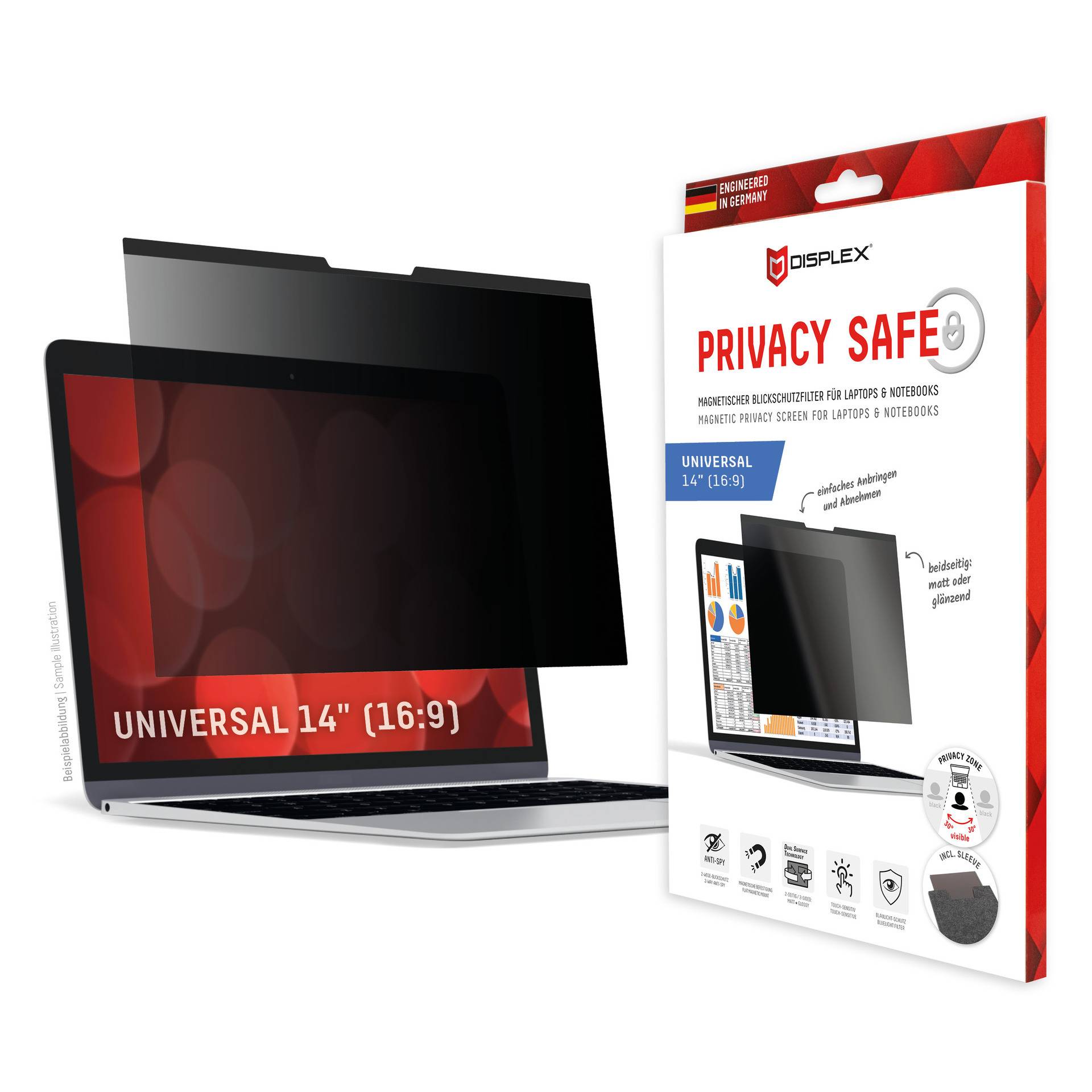DISPLEX Privacy Safe Blickschutzfilter Universal 14", 16:9, Anti-Reflex, Bluelight-Filter, Magnetische Befestigung von Displex