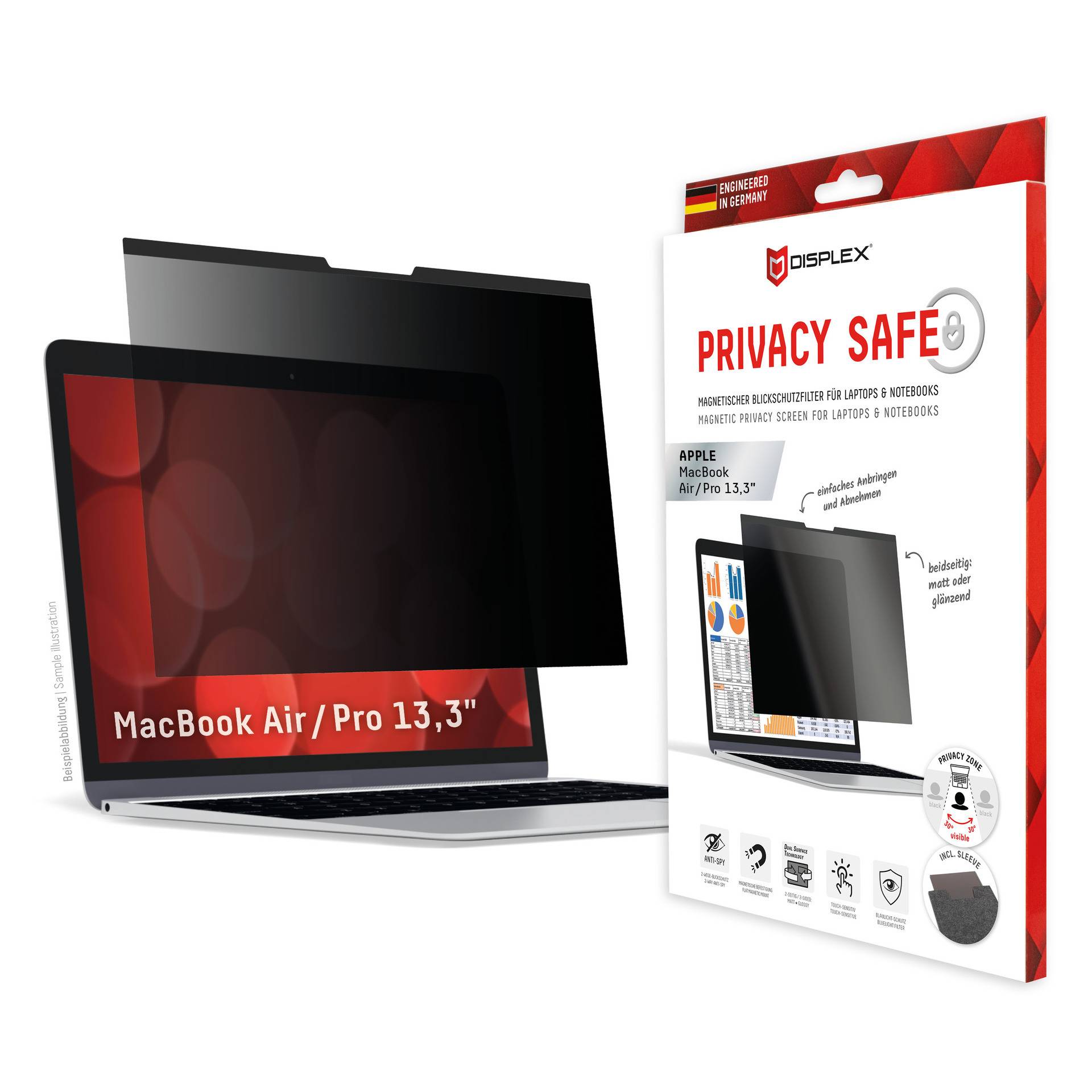 DISPLEX Privacy Safe Blickschutzfilter f. MacBook Air/Pro 13,3", Anti-Reflex, Bluelight-Filter, Magnetische Befestigung von Displex