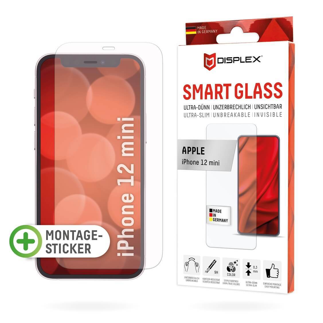 DISPLEX Smart Glass (9H) für Apple iPhone 12 mini Montagesticker, unzerbrechlich, ultra-dünn, unsichtbar von Displex