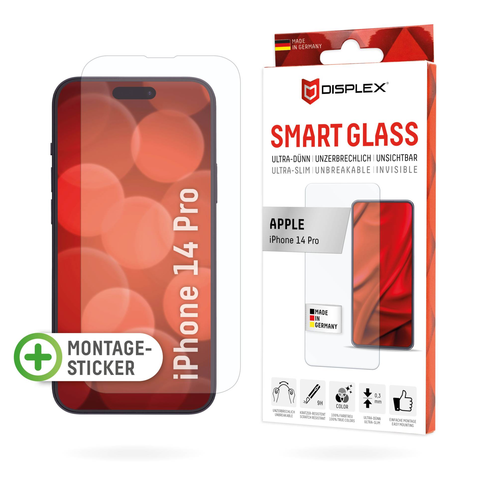 DISPLEX Smart Glass (9H) für Apple iPhone 14 Pro, Montagesticker, unzerbrechlich, ultra-dünn, unsichtbar von Displex