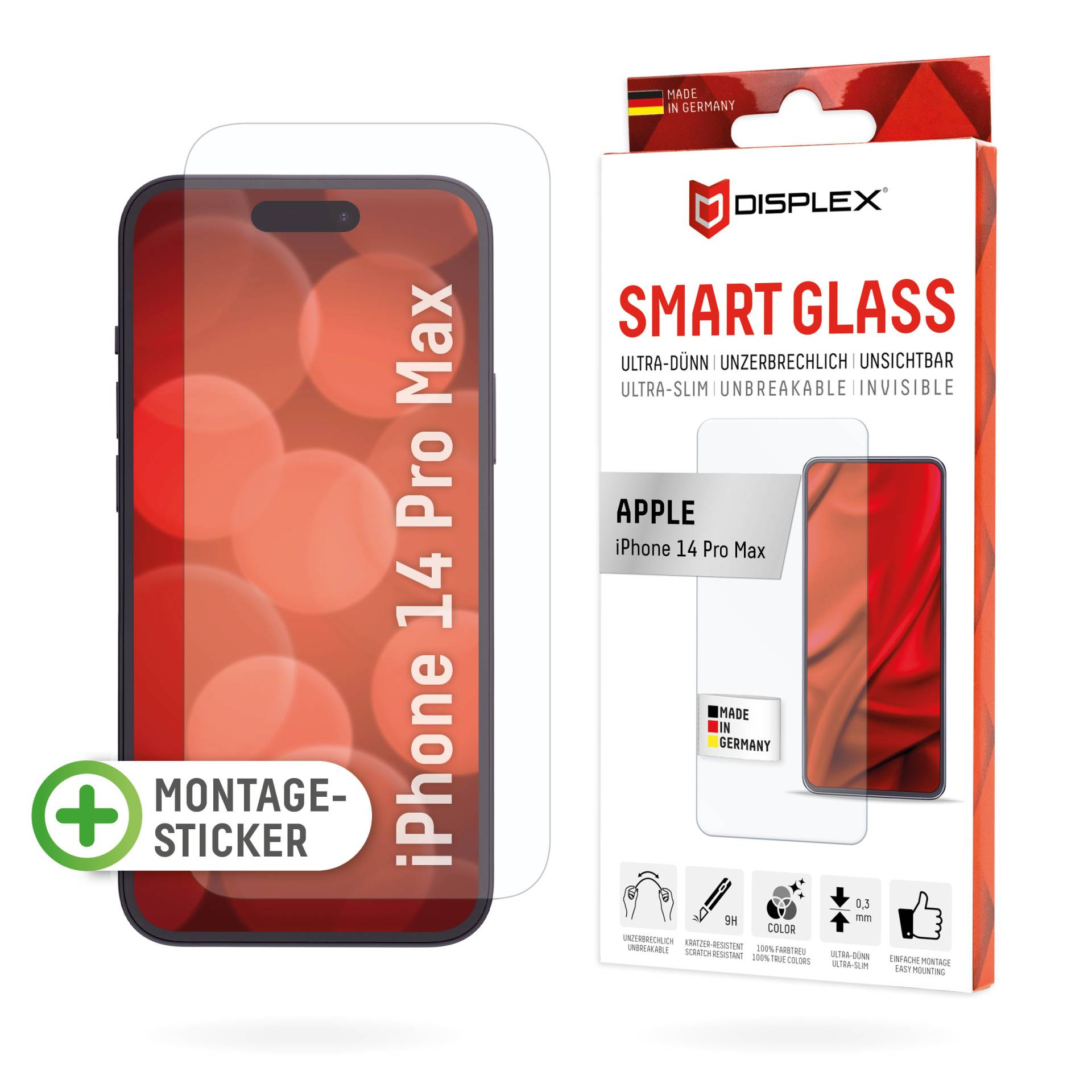 DISPLEX Smart Glass (9H) für Apple iPhone 14 Pro Max, Montagesticker, unzerbrechlich, ultra-dünn, unsichtbar von Displex