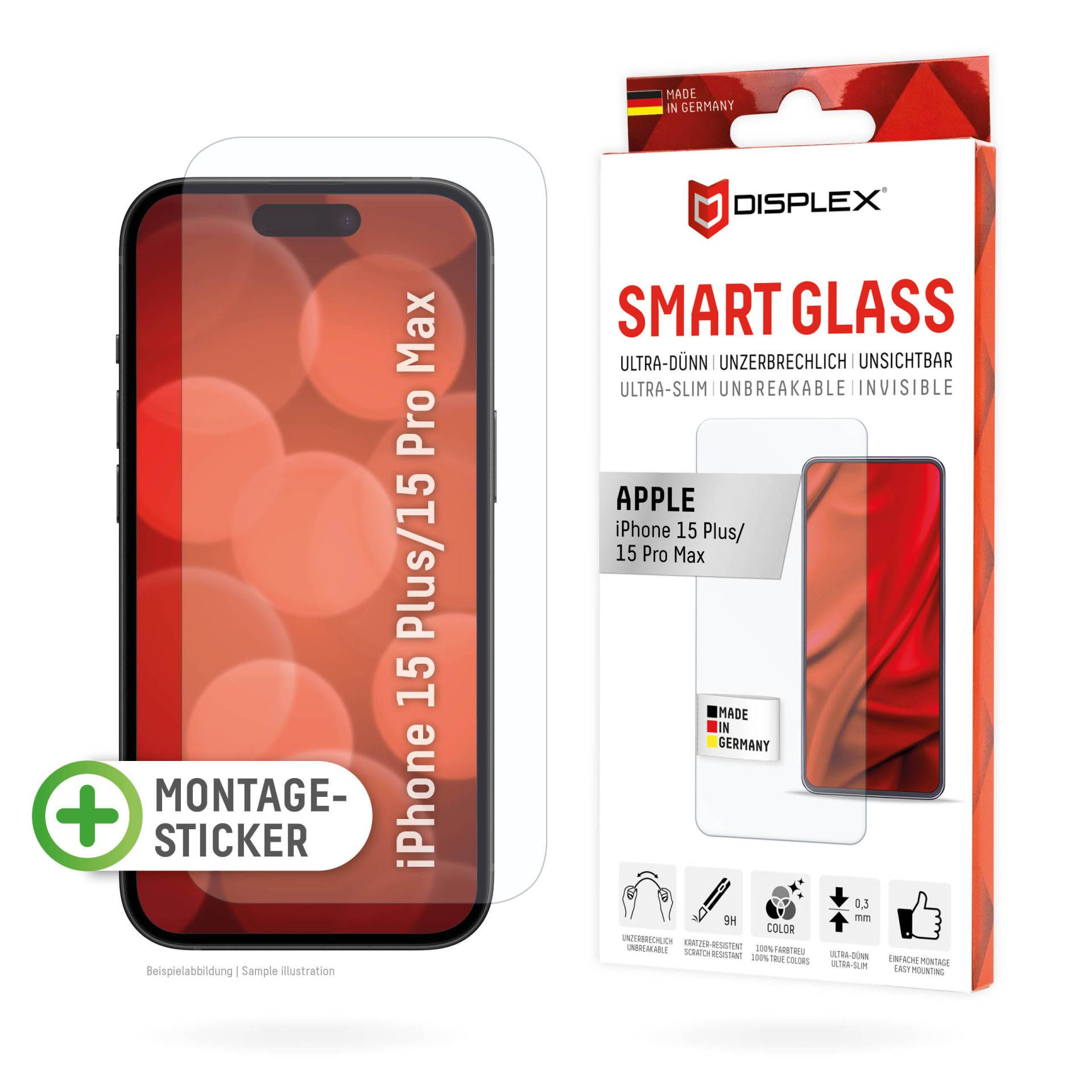 DISPLEX Smart Glass (9H) für Apple iPhone 15 Plus/15 Pro Max Montagesticker, unzerbrechlich, ultra-dünn, unsichtbar von Displex