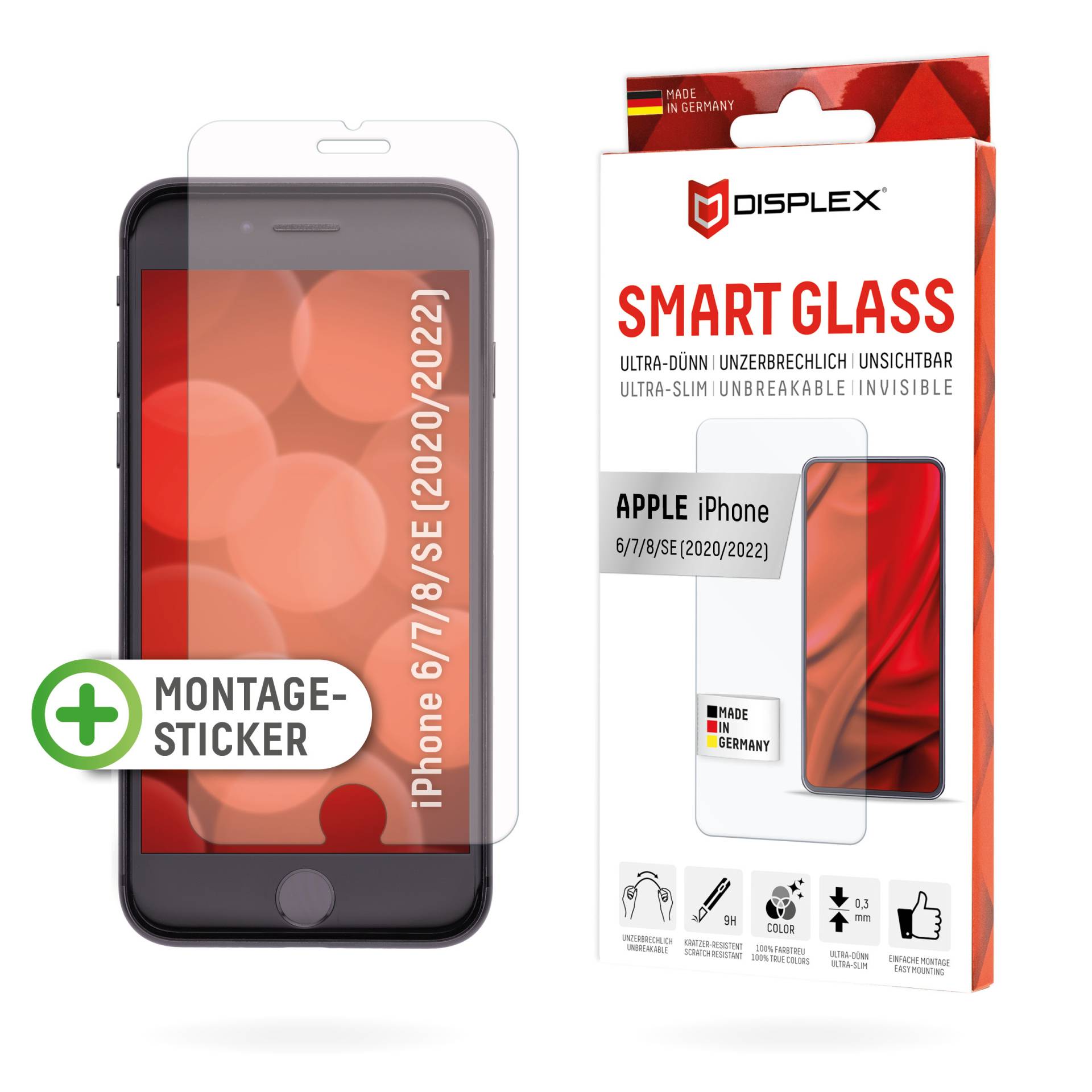 DISPLEX Smart Glass (9H) für Apple iPhone 6/7/8/SE (2020/2022) Montagesticker, unzerbrechlich, ultra-dünn, unsichtbar von Displex
