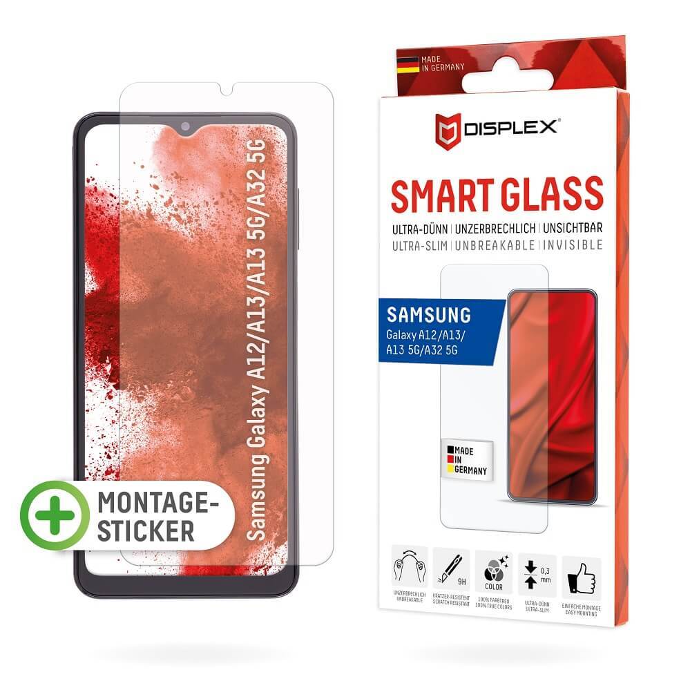 DISPLEX Smart Glass (9H) für Samsung Galaxy A12/A13 (NE)/A32 5G Montagesticker, unzerbrechlich, ultra-dünn, unsichtbar von Displex
