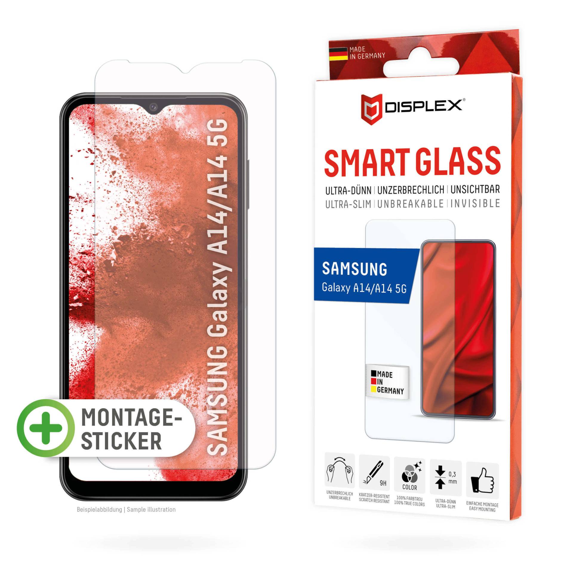 DISPLEX Smart Glass (9H) für Samsung Galaxy A14 5G Montagesticker, unzerbrechlich, ultra-dünn, unsichtbar von Displex