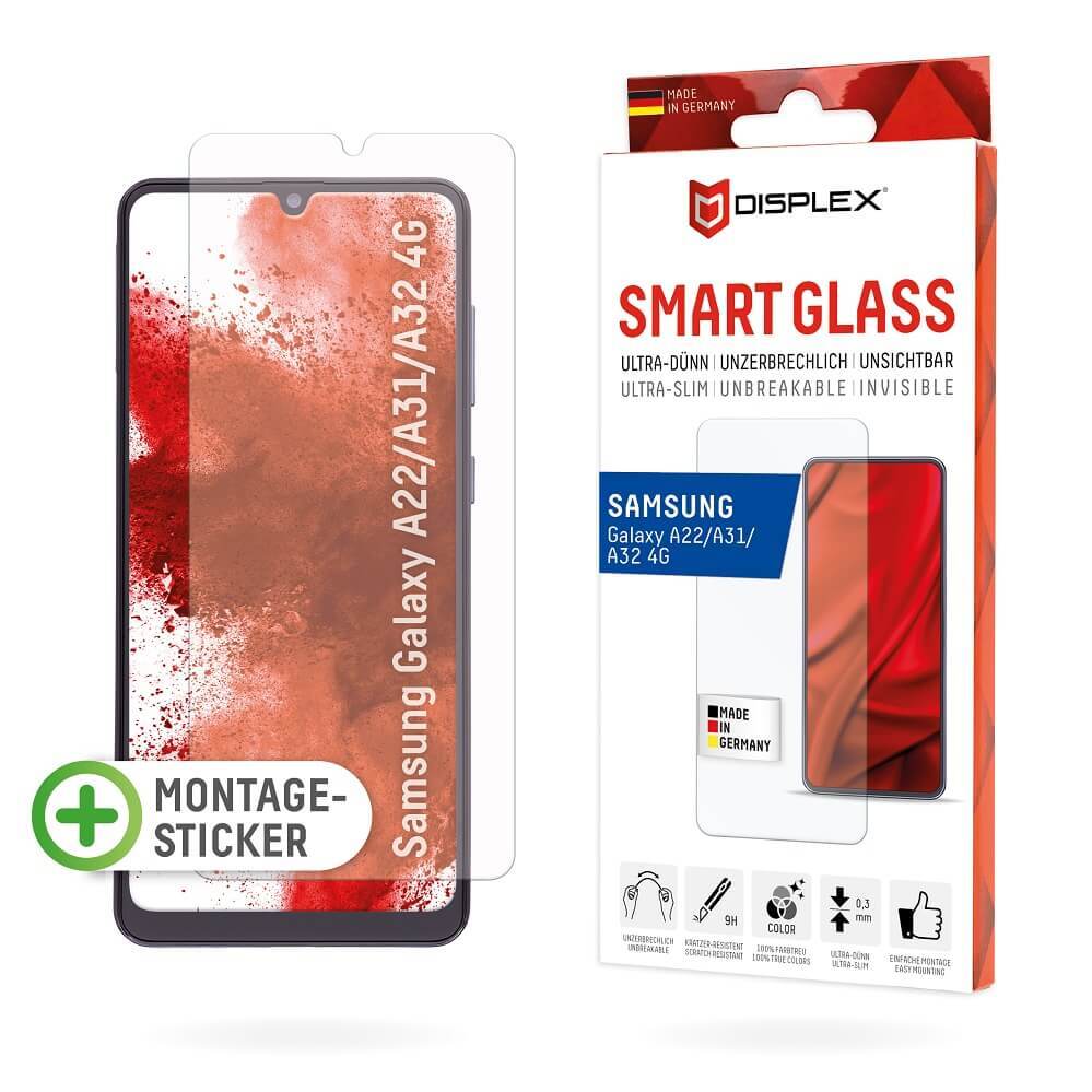 DISPLEX Smart Glass (9H) für Samsung Galaxy A22/A31/A32 4G Montagesticker, unzerbrechlich, ultra-dünn, unsichtbar von Displex