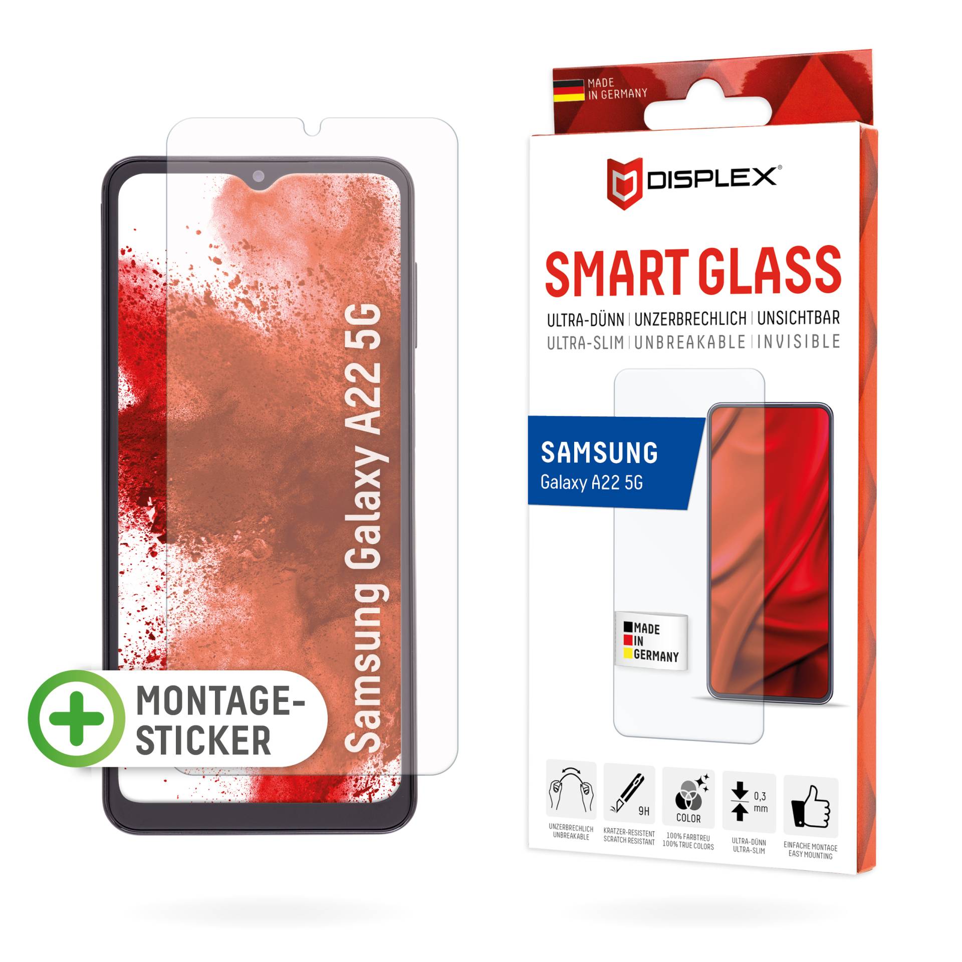 DISPLEX Smart Glass (9H) für Samsung Galaxy A22 5G Montagesticker, unzerbrechlich, ultra-dünn, unsichtbar von Displex