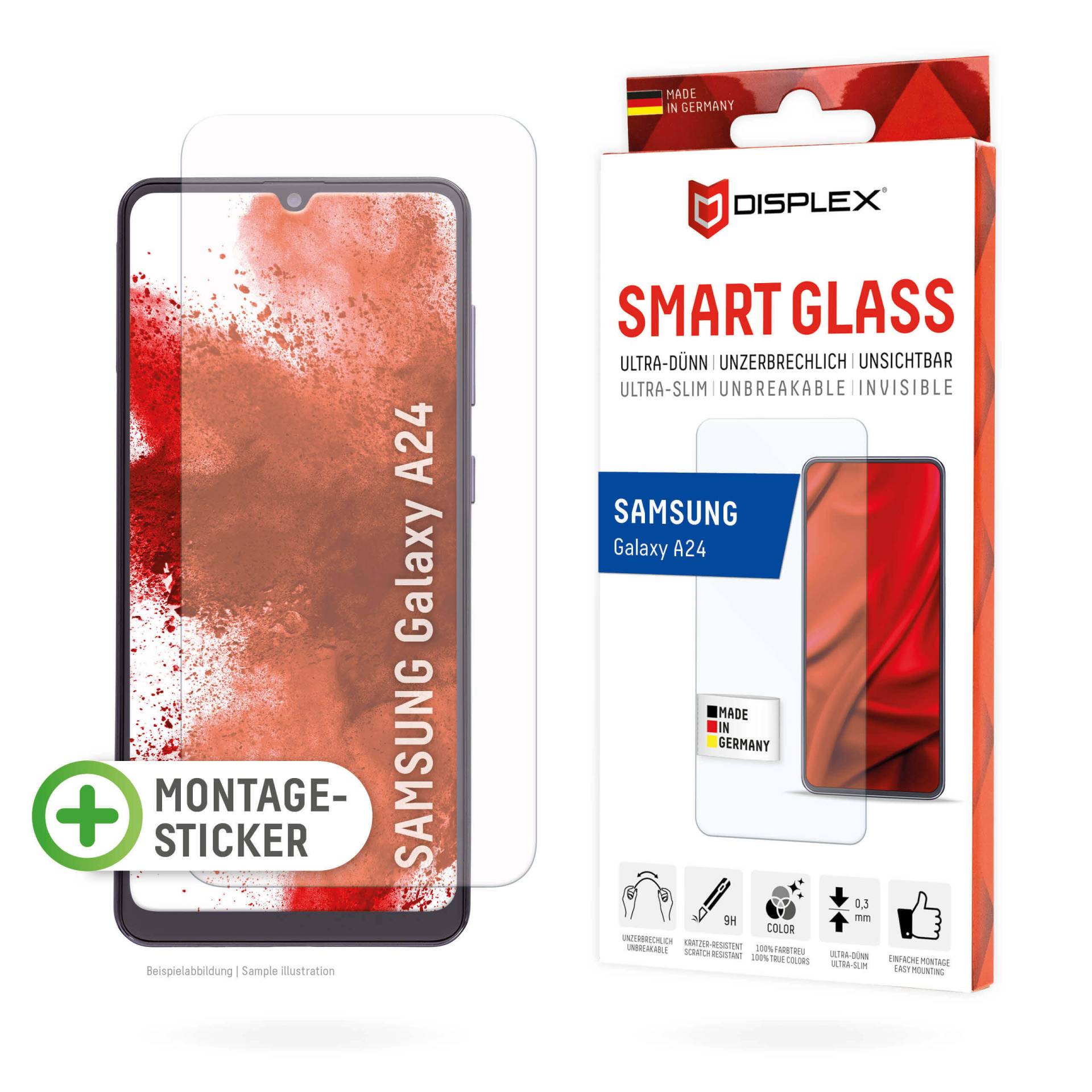 DISPLEX Smart Glass (9H) für Samsung Galaxy A24/A25 5G Montagesticker, unzerbrechlich, ultra-dünn, unsichtbar von Displex