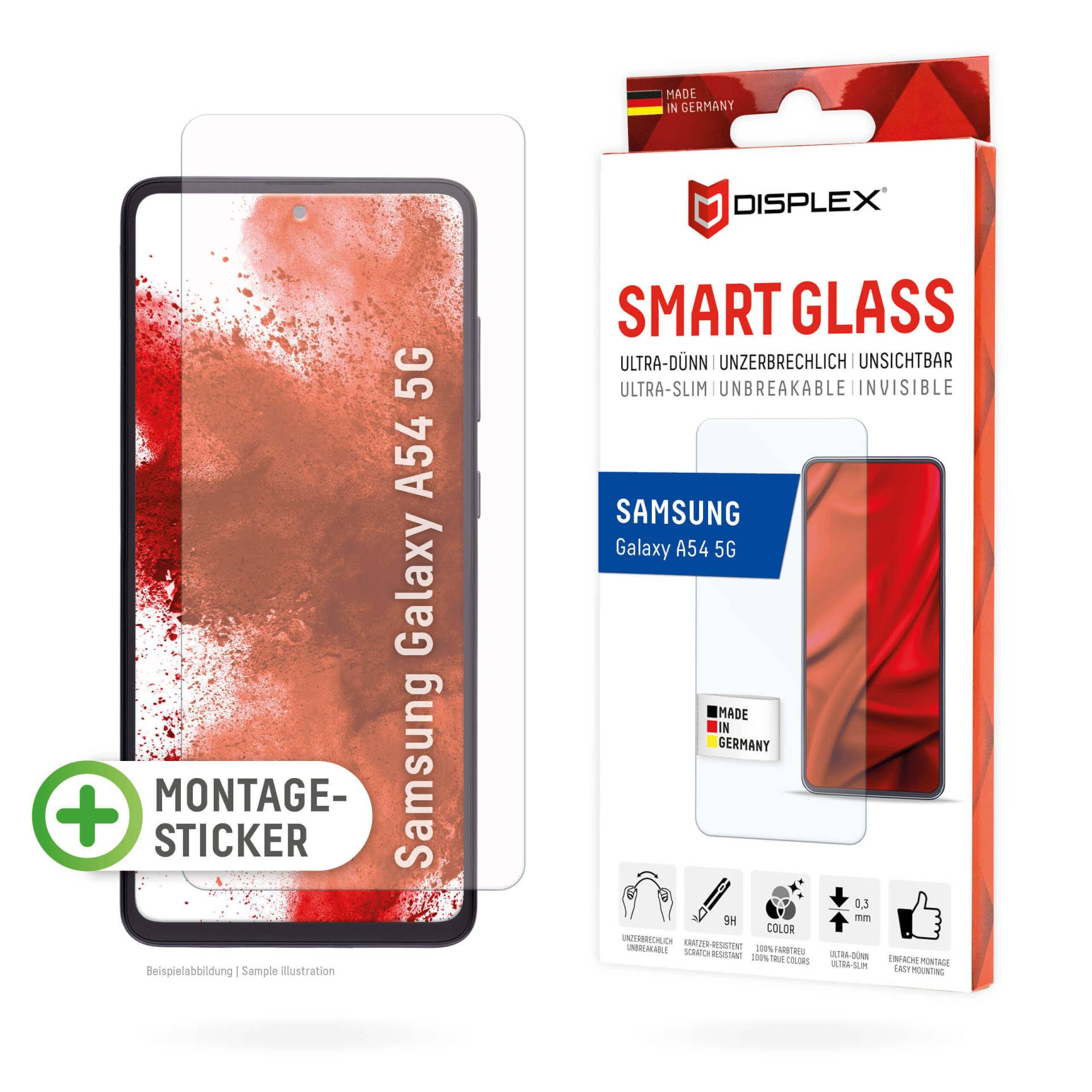 DISPLEX Smart Glass (9H) für Samsung Galaxy A54 5G Montagesticker, unzerbrechlich, ultra-dünn, unsichtbar von Displex