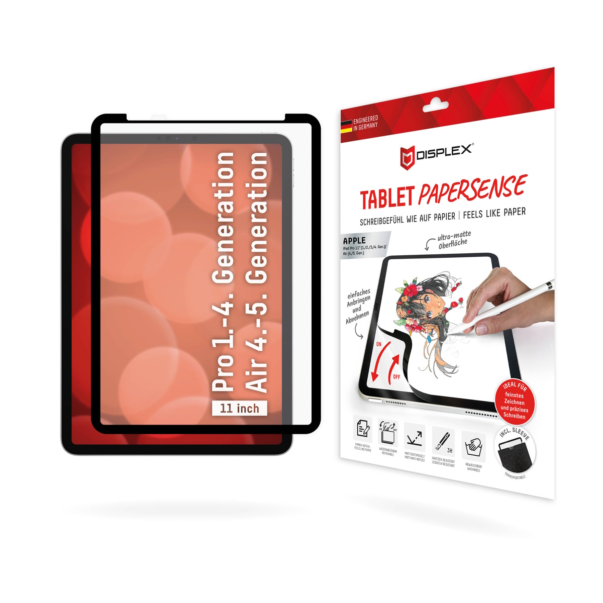 DISPLEX TABLET PAPERSENSE für iPad Pro 11'' (1./2./3./4. Gen.) und Air (4./5. Gen.), wiederablösbare Schreibfolie und Zeichenfolie mit Paper Feeling f von Displex