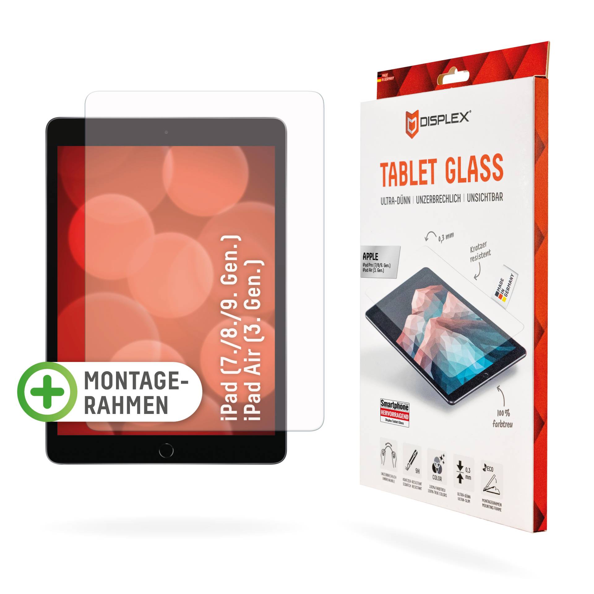 DISPLEX Tablet Glass (9H) f. iPad (7./8./9. Gen.)/Air (3. Gen.) Eco-Montagerahmen L-Form, unzerbrechlich, ultra-dünn, unsichtbar von Displex