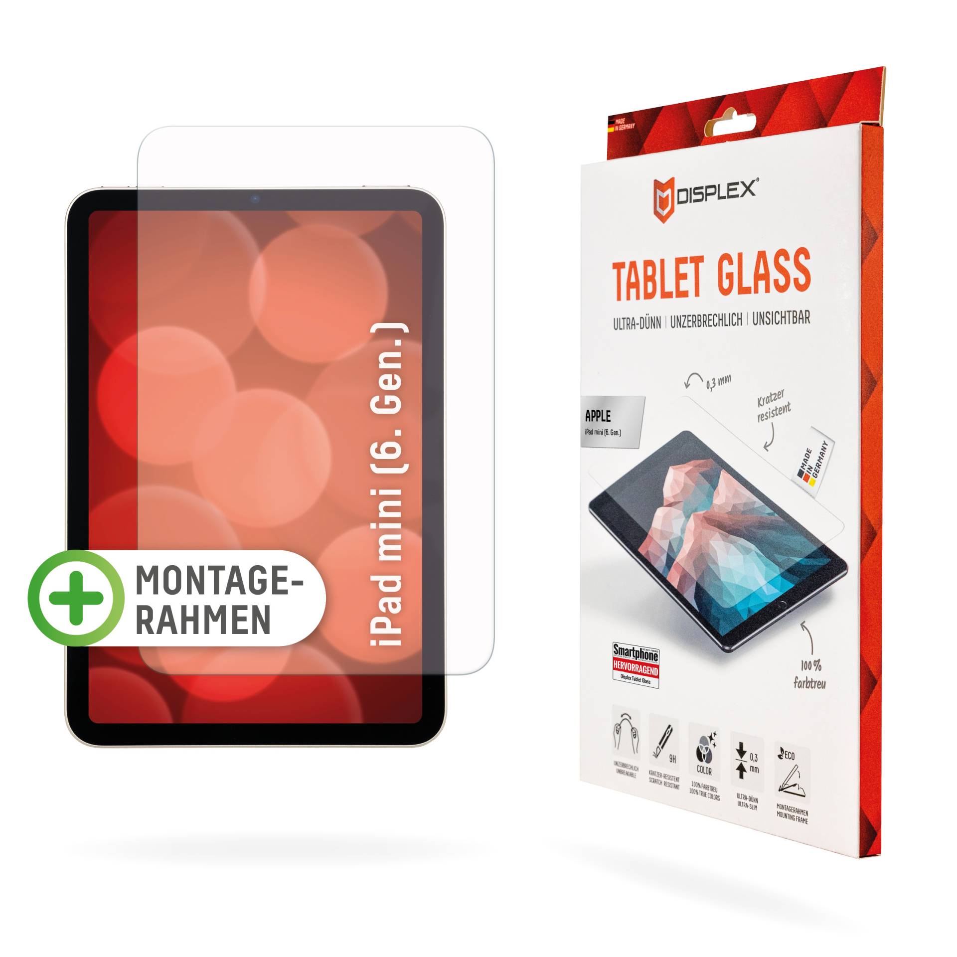 DISPLEX Tabletglas Clear (9H) für Ipad Mini 8,3" (6. Gen.), Montagerahmen, Tempered Glas, kratzer-resistente Glasschutzfolie, hüllenfreundlich von Displex