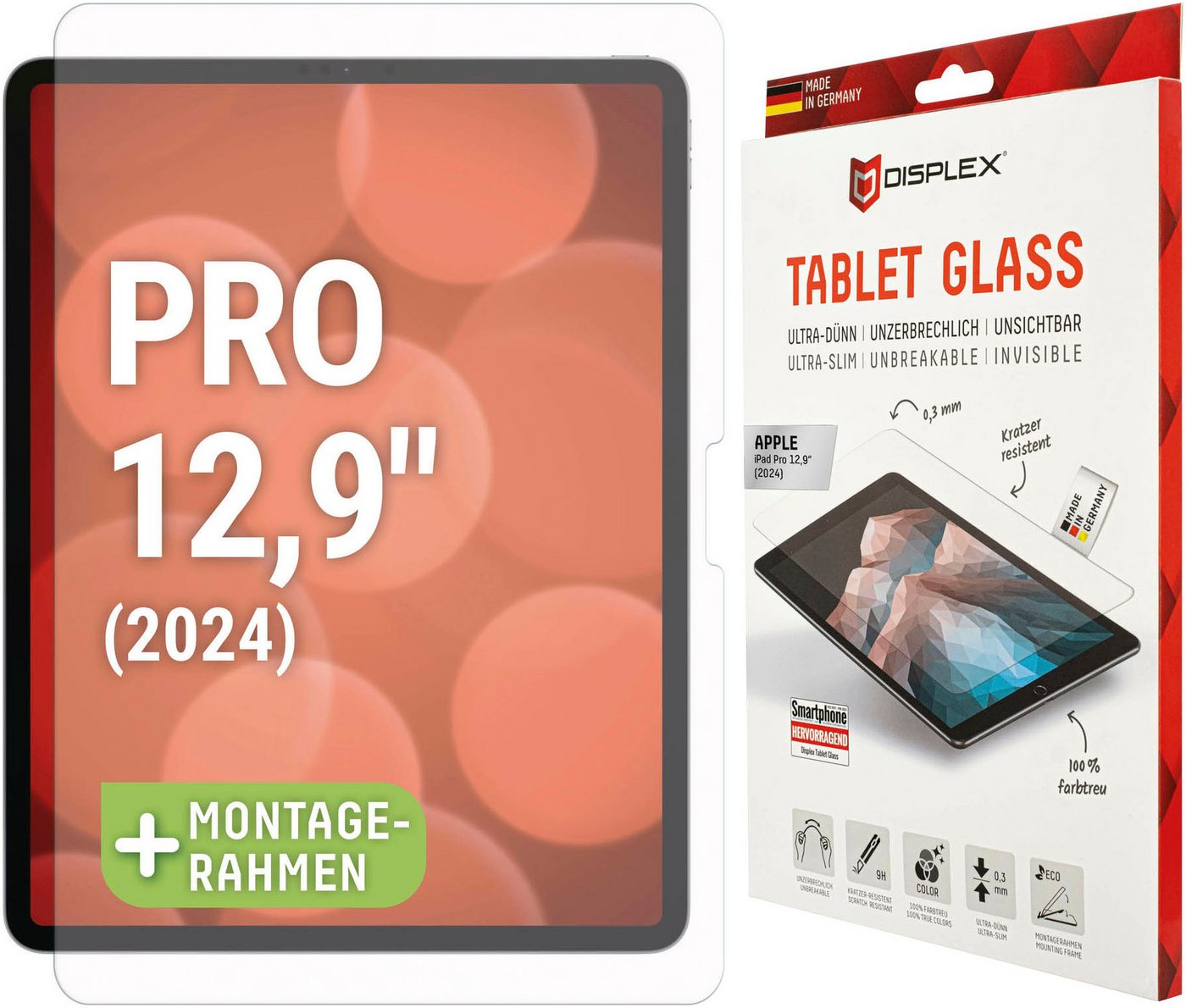 Displex Displayschutzfolie Tablet Glass für Apple iPad Pro 12,9" (2024), Displayschutz, Bildschirmschutz, kratz & stoßfest, einfaches Anbringen von Displex