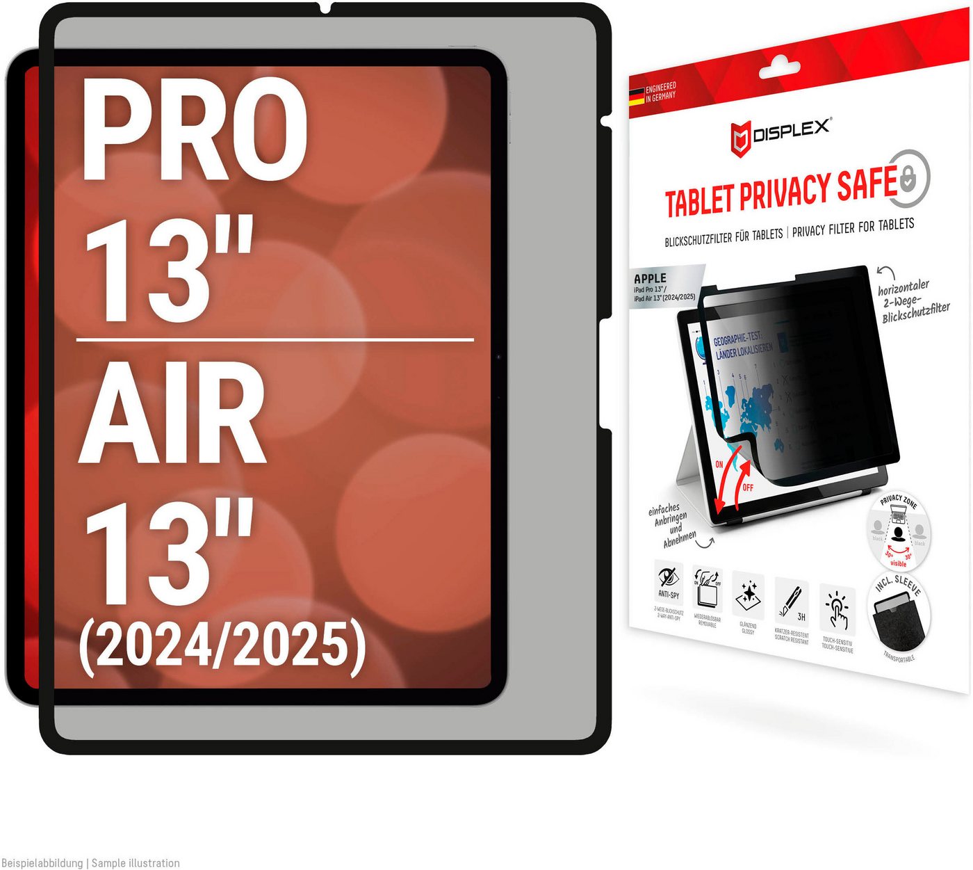 Displex Displayschutzfolie Tablet Privacy Safe für Apple iPad Air 13'' (2024/2025), Apple iPad Pro 13'', Blickschutzfolie, Schutzfolie, Bildschirmschutz, kratz- & stoßfest von Displex
