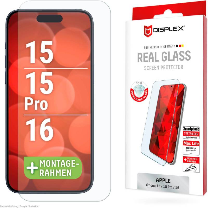 Displex Displayschutzglas Real Glass Screen Protection für Apple iPhone 15, Apple iPhone 15 Pro, Apple iPhone 16, Displayschutzfolie, Schutzfolie, Bildschirmschutz, kratz- & stoßfest von Displex