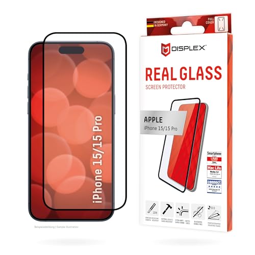 Displex Full Cover Panzerglas (10H) für Apple iPhone 15/15 Pro, Eco-Montagerahmen, volle Displayabdeckung, Tempered Glas, kratzer-resistente Schutzfolie, hüllenfreundlich von Displex