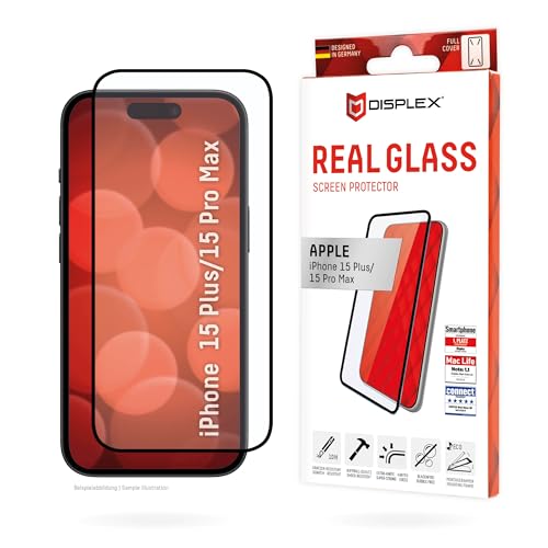 Displex Full Cover Schutzglas (10H) für Apple iPhone 15 Plus/15 Pro Max, Eco-Montagerahmen, volle Displayabdeckung, Tempered Glas, kratzer-resistente Schutzfolie, hüllenfreundlich von Displex