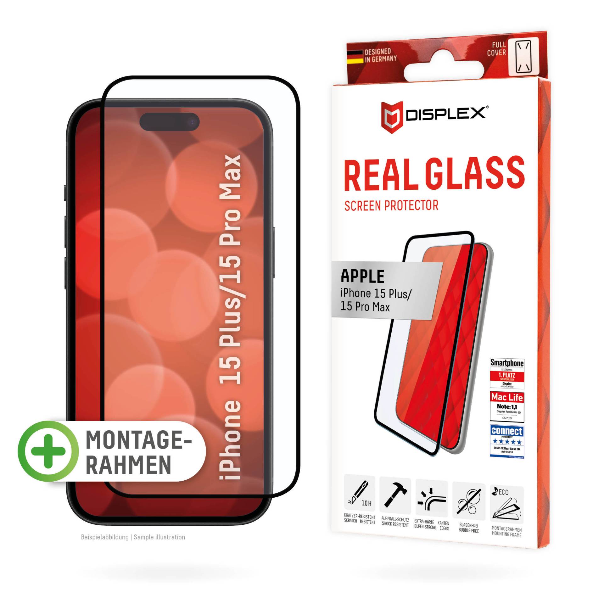 Displex Full Cover Schutzglas für Iphone 15 Pro Max/15 Plus Eco-Montagerahmen, volle Displayabdeckung, Tempered Glas, kratzer-resistente Schutzfolie, von Displex