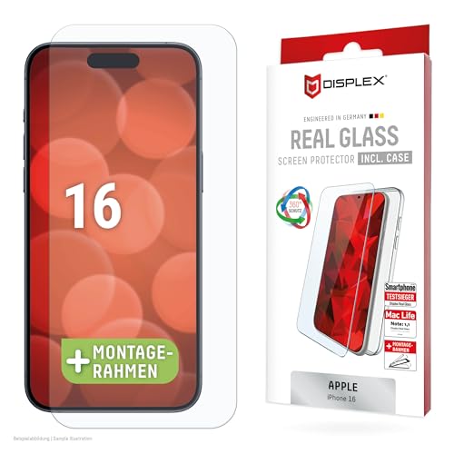 Displex Schutzglas für Apple iPhone 16, Eco-Montagerahmen,Tempered Glas, kratzer-resistente Schutzfolie, hüllenfreundlich (Real Glass + Handyhülle) von Displex