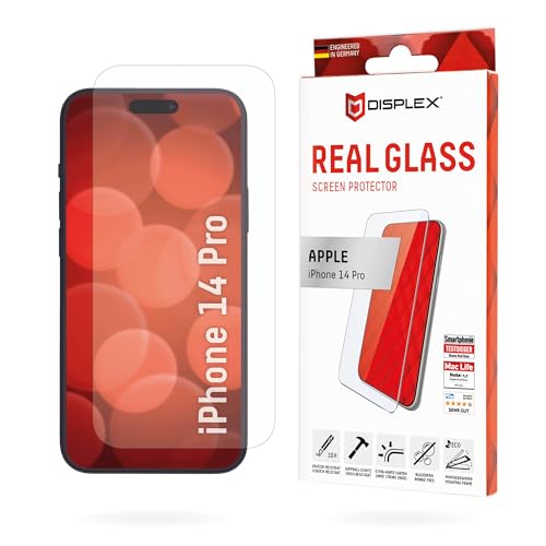 Displex Panzerglas 2D/ Clear (10H) für Apple iPhone 14 Pro, Eco-Montagerahmen, Tempered Glas, kratzer-resistente Schutzfolie, hüllenfreundlich von Displex