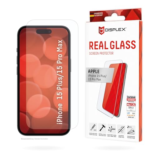 Displex Panzerglas 2D/ Clear (10H) für Apple iPhone 15 Plus/15 Pro Max, Eco-Montagerahmen, Tempered Glas, kratzer-resistente Schutzfolie, hüllenfreundlich von Displex