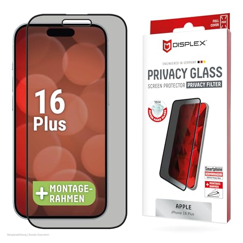 Displex Schutzglas für Apple iPhone 16 Plus, Eco-Montagerahmen,Tempered Glas, kratzer-resistente Schutzfolie, hüllenfreundlich (Privacy Glass) von Displex