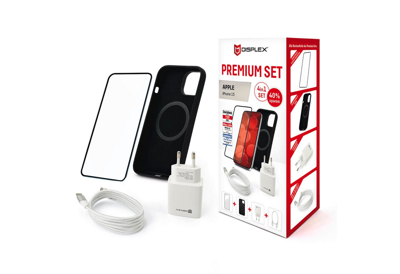 Displex Premium Set 4in1 für Apple iPhone 15, Displayschutzglas, Set, 4 Stück, Displayschutzfolie Schnellladegerät 20 W MagSafe USB-C zu USB-C-Kabel von Displex