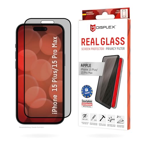 Displex Privacy Full Cover Panzerglas (10H) für Apple iPhone 15 Plus/15 Pro Max, Eco-Montagerahmen, Privacy Filter, Tempered Glas, kratzer-resistente Schutzfolie, hüllenfreundlich von Displex