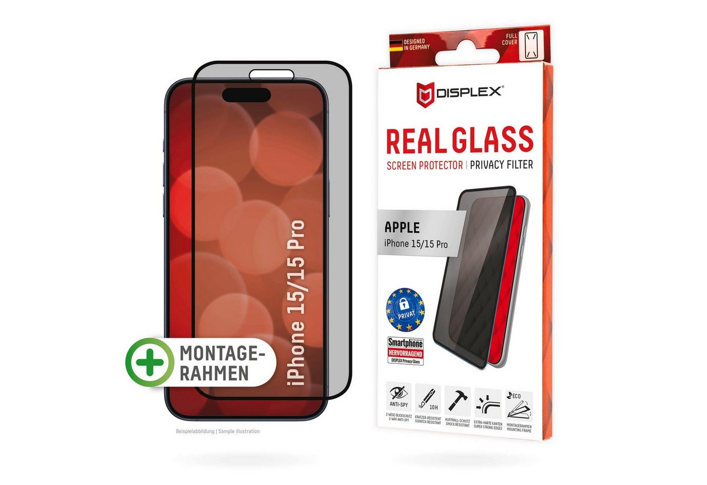 Displex Privacy Glass für Apple iPhone 15, Apple iPhone 15 Pro, Displayschutzglas, Blickschutz Displayschutzfolie Displayschutz kratzer-resistent 10H von Displex