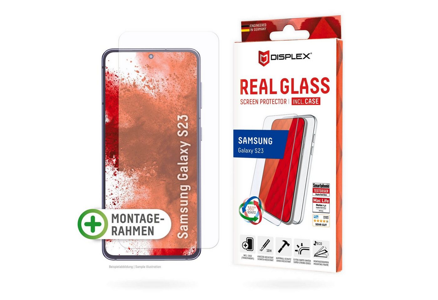 Displex Real Glass + Case - Samsung Galaxy S23 für Samsung Galaxy S23, Displayschutzglas, Displayschutzfolie Displayschutz Rundumschutz 360 Grad splitterfest von Displex