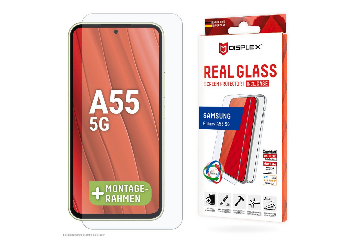 Displex Real Glass + Case für Samsung Galaxy A55 5G, Displayschutzglas, 1 Stück, Bildschirmschutz, Displayschutzfolie,Einfach anbringen,kratz-&stoßfest von Displex