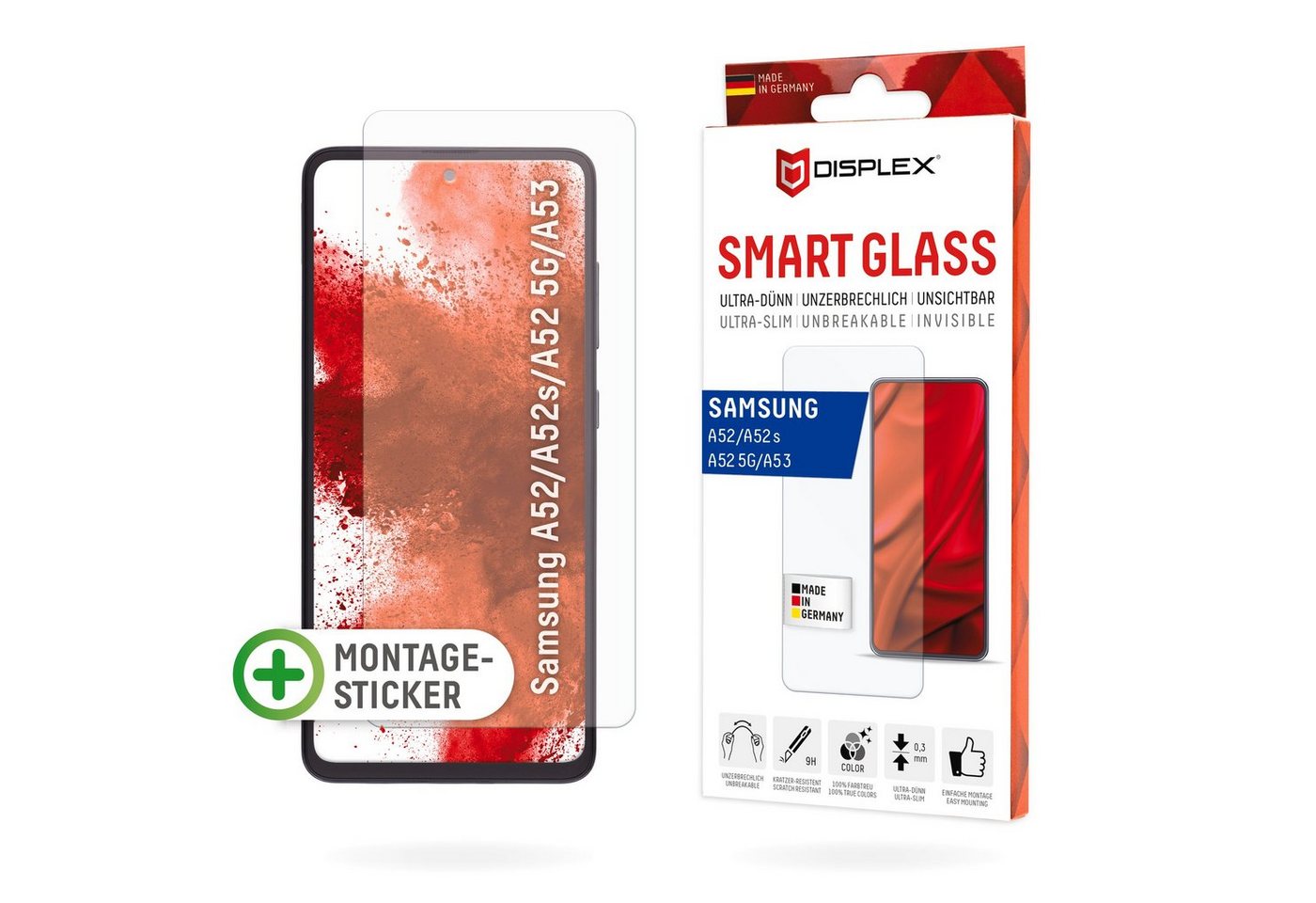 Displex Displayschutzglas Smart Glass - Samsung A52/A52(s) 5G/A53 5G, Displayschutzfolie Displayschutz kratzer-resistent 9H unzerbrechlich von Displex