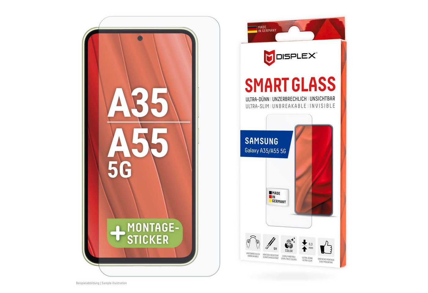 Displex Smart Glass für Samsung Galaxy A35, Samsung Galaxy A55 5G, Displayschutzglas, 1 Stück, Bildschirmschutz, Displayschutzfolie,Einfach anbringen,kratz-&stoßfest von Displex