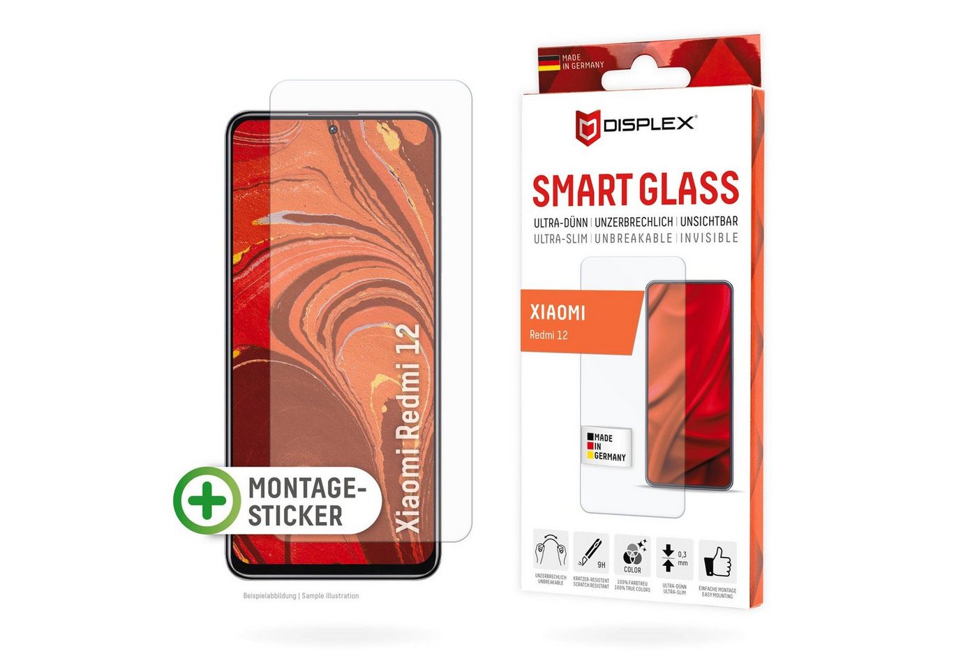 Displex Smart Glass für Xiaomi Redmi 12, Displayschutzfolie, Displayschutzfolie Displayschutz kratzer-resistent 9H unzerbrechlich von Displex