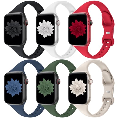 6 Stück Armbänder kompatibel mit Apple Watch 42 mm 44 mm 45 mm, dünnes Ersatz-Silikonarmband für iWatch Serie SE 7/6/5/4/3/2/1, Schwarz/Weiß/Rot/Abyss Blue/Starlight/Clover 6 Stück Armbänder kompatibel mit Apple Watch 42 mm 44 mm 45 mm, dünnes Ersatz-Silikonarmband für iWatch Serie SE 7/6/5/4/3/2/1, Schwarz/Weiß/Rot/Abyss Blue/Starlight/Clover von Distore