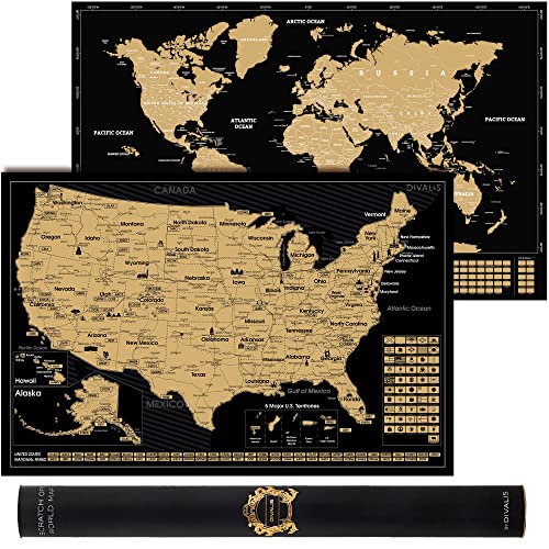Divalis 2-in-1-Geschenk-Set – Weltkarte und USA – Schwarz und Gold Reise-Tracker Wandkarte mit Rubbelfunktion und detaillierten Details – Premium Glanzpapier – Navigationskarten-Set von Divalis