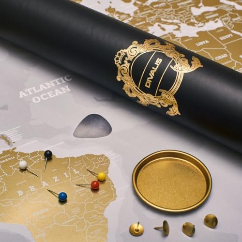 Rubbel Weltkarte Extra großes - Rubbel Weltkarte in Gold und Weiß - Rubbellandkarten zum Freirubbeln - Abkratzen Weltkartengeschenk für Reisen - Alle Zubehörteile inklusive - Scratch off World Map von Divalis