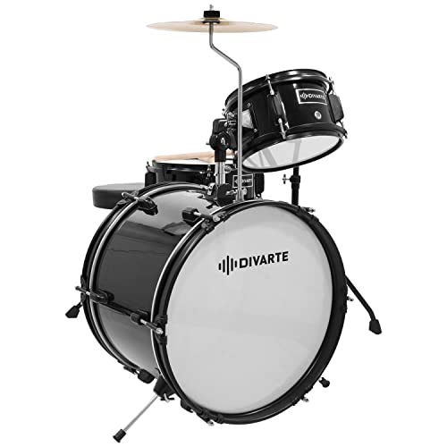 Divarte, Junior DrumSet Black – Set mit verstellbaren Sitzen, für Kinder, ab 6 Jahren, Schwarz, inkl. Drum-Set für Anfänger, mit verstellbarem Sitz, Charlestonfuß und Stäbchen. von Divarte