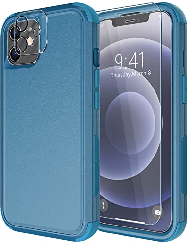 Diverbox Schutzhülle für iPhone 12 [stoßfest] [sturzsicher] [Displayschutzfolie aus gehärtetem Glas + Kameralinsenschutz], robuste Schutzhülle für Apple iPhone 12 (blau) von Diverbox