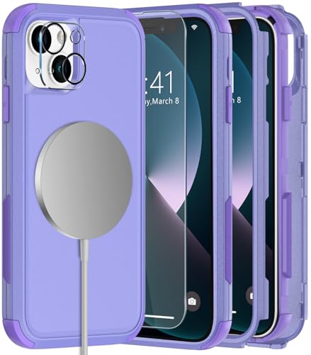 Diverbox Magnetische Schutzhülle für iPhone 13, mit Displayschutzfolie und Kameralinsenschutz, robuste Handyhülle für iPhone 13, magnetisch, Violett von Diverbox