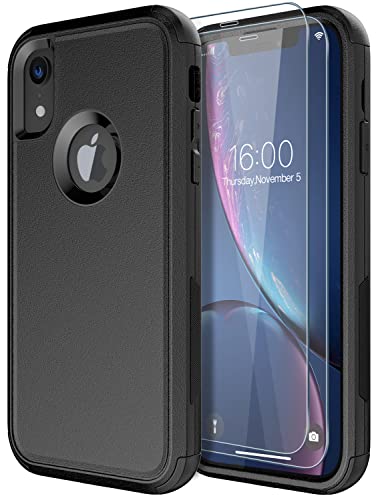 Diverbox Schutzhülle für iPhone Xr mit Displayschutzfolie, strapazierfähig, stoßfest, stoßfest, Schwarz + Displayschutzfolie von Diverbox