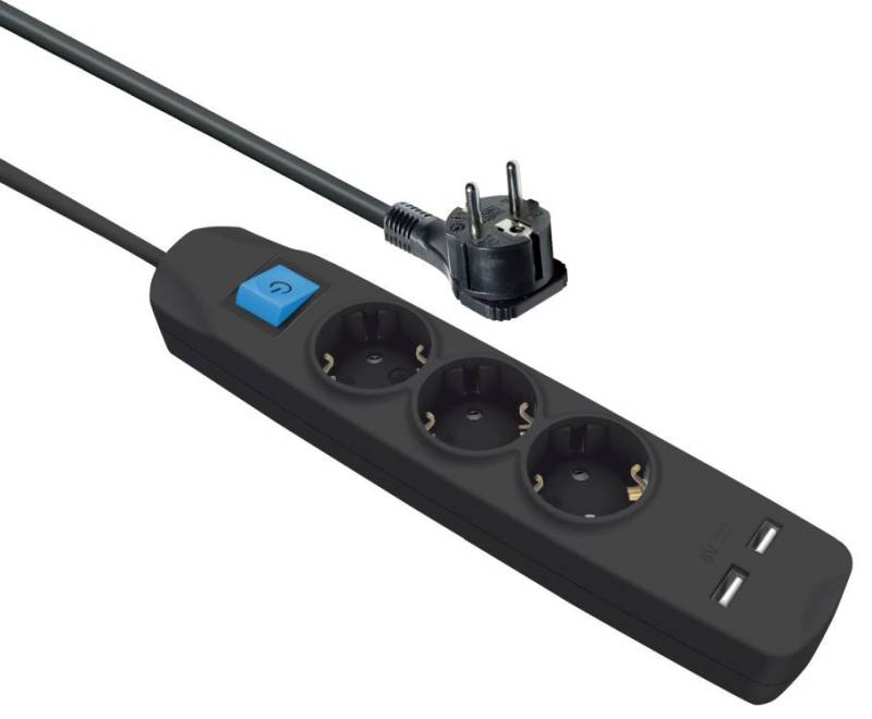 Steckdosenleiste 3-fach + 2x USB (2,1A), mit Schalter, flachen Schutzkontaktstecker, schwarz, 3m von Good Connections
