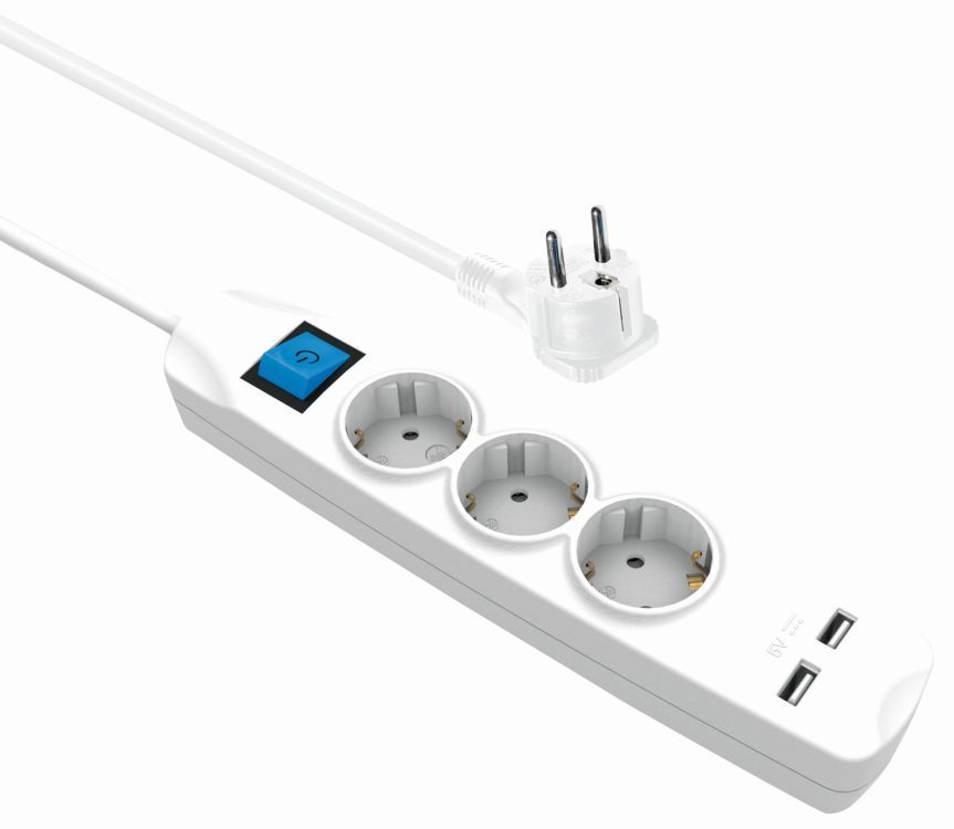 Steckdosenleiste 3-fach + 2x USB (2,1A), mit Schalter, flachen Schutzkontaktstecker, weiß, 1,5m von Good Connections