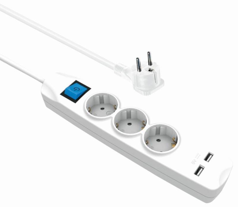 Steckdosenleiste 3-fach + 2x USB (2,1A), mit Schalter, flachen Schutzkontaktstecker, weiß, 3m von Good Connections