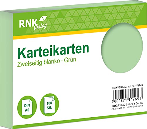 RNK 114765 - Karteikarten blanko grün, DIN A6, 1 Packung à 100 Karten von Diverse