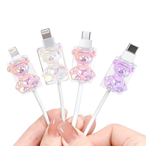 DiyGody 4 Stück Datenkabel USB Type-C Schutzhülle mit 3D Anime Muster für iPhone & Android, Kabelschutz Anti-Breaking-Zubehör Datenleitung Draht Saver, Glitzernd Kabelschoner Kabelschützer für Frauen von DiyGody