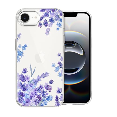 DiyGody Elegant Blumen Handyhülle Kompatibel mit iPhone 16E (iPhone SE4) 6,1 Zoll 5G 2025, Transparente Silikon TPU Schutzhülle mit Lavendel Muster, Ultra Dünn Anti-Rutsch Stoßfest Hybrid-Schutz Hülle von DiyGody