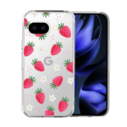 DiyGody Elegant Handyhülle Kompatibel mit Google Pixel 9a 6,3 Zoll 5G 2025, Transparente Weich Silikon TPU Schutzhülle mit Erdbeere Blumen Muster, Ultra Dünn Anti-Rutsch Stoßfest Hybrid-Schutz Hülle von DiyGody