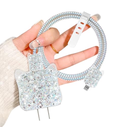 DiyGody Glitzernd Ladekabelschutz Set für 18/20W Ladegerät Kompatibel mit iPhone, Datenleitung Draht Saver Kabelschutz mit katzenohrförmigem Design, Anti-Breaking-Zubehör für USB-C Typ-L Kabel, Weiß von DiyGody